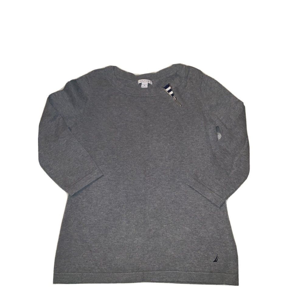Nautica Womens Sweater Gray Knit Zip Crew Neck 3/4 Sleeve Cotton Size M